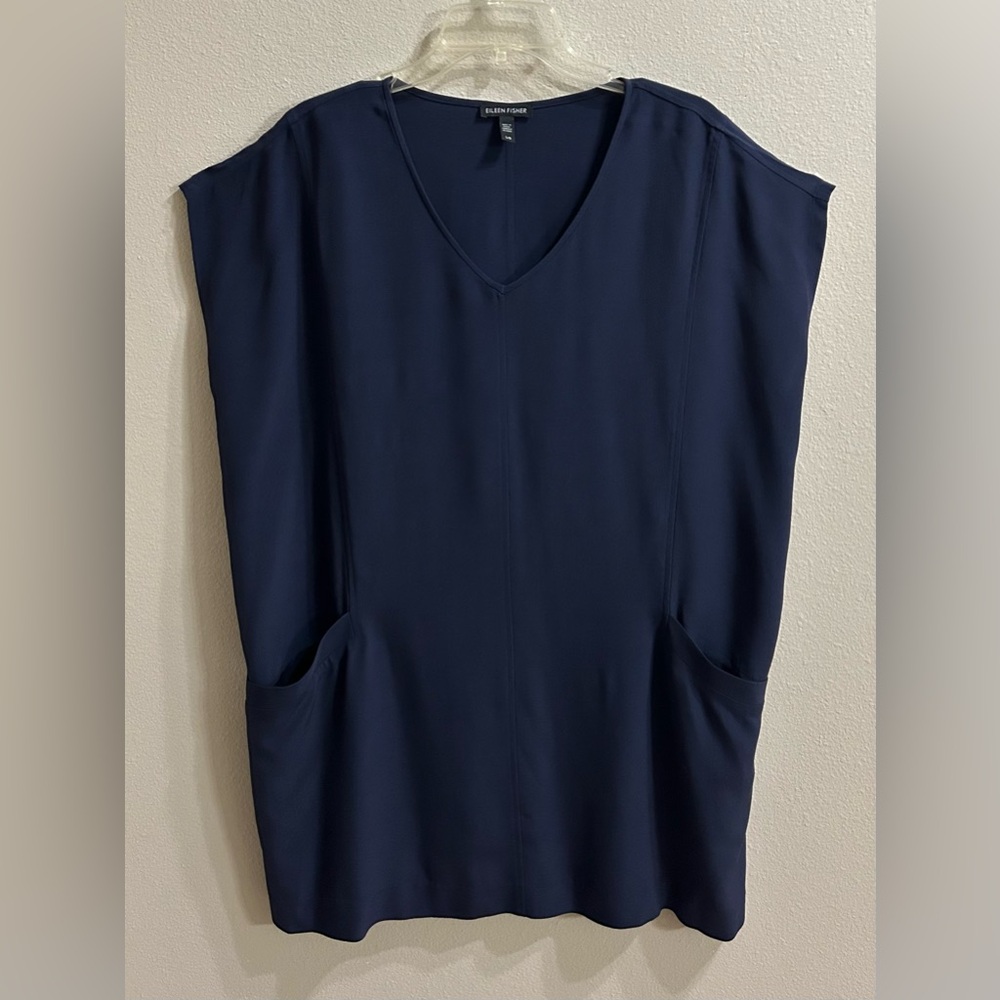 Eileen Fisher Tunic Top Sz L Blue Boxy Minimalist Blouse Structured Modern Basic